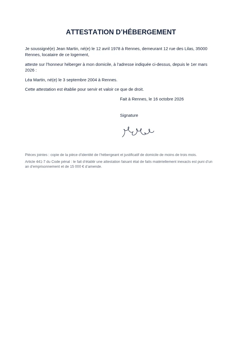 Exemple de document « Attestation d’hébergement » généré avec DocPratique, avec des données fictives