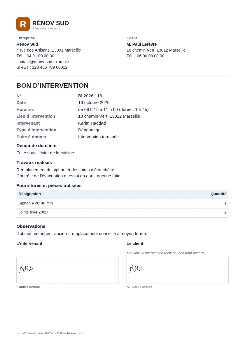 Exemple de document « Bon d’intervention » généré avec DocPratique, avec des données fictives