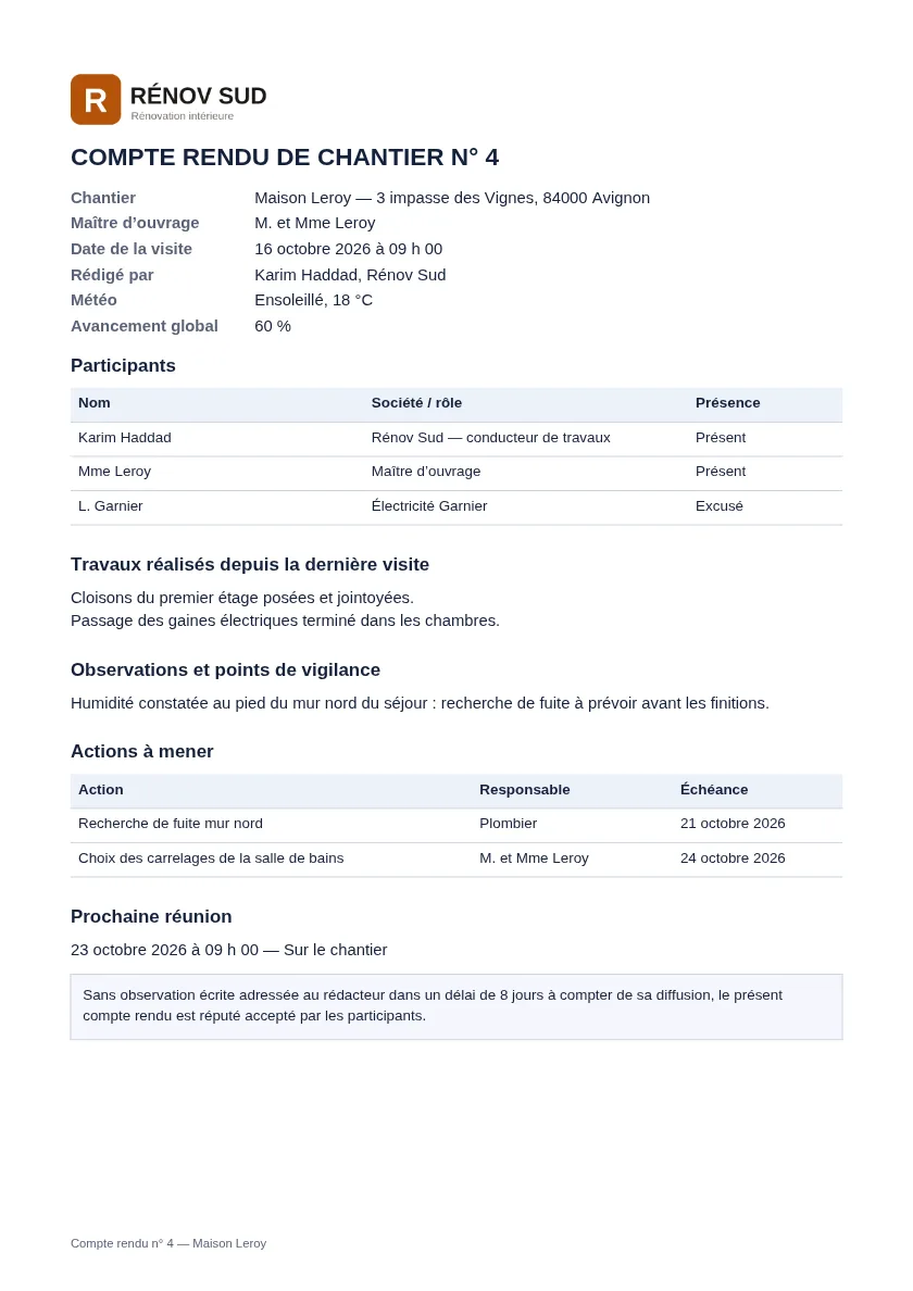 Exemple de document « Compte rendu de chantier » généré avec DocPratique, avec des données fictives