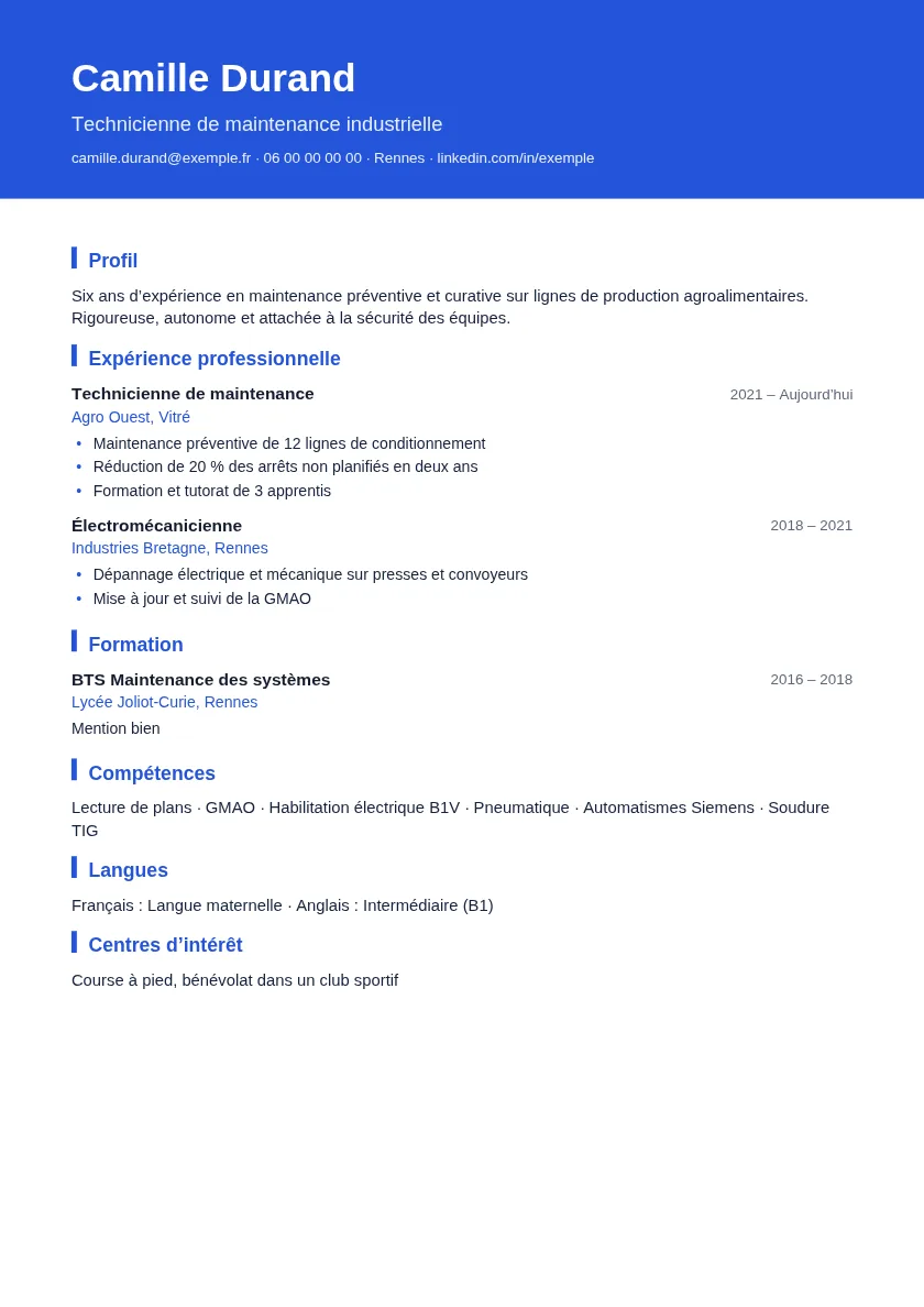 Exemple de document « Créateur de CV » généré avec DocPratique, avec des données fictives
