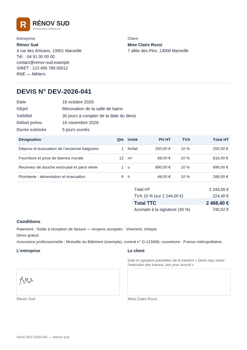 Exemple de document « Générateur de devis » généré avec DocPratique, avec des données fictives