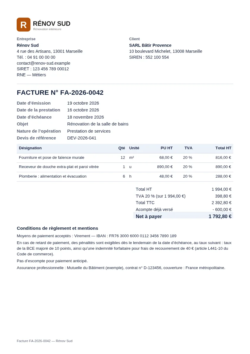 Exemple de document « Générateur de facture » généré avec DocPratique, avec des données fictives