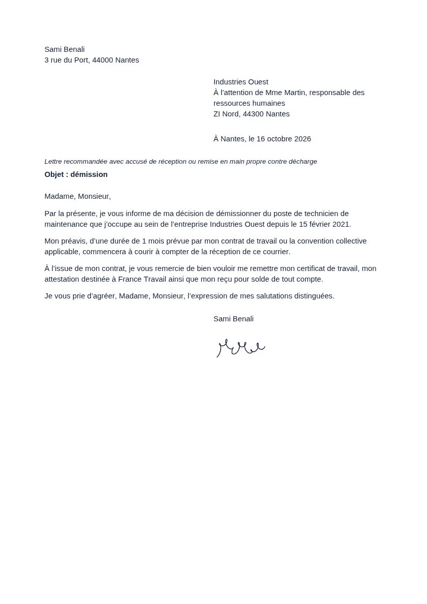Exemple de document « Lettre de démission » généré avec DocPratique, avec des données fictives