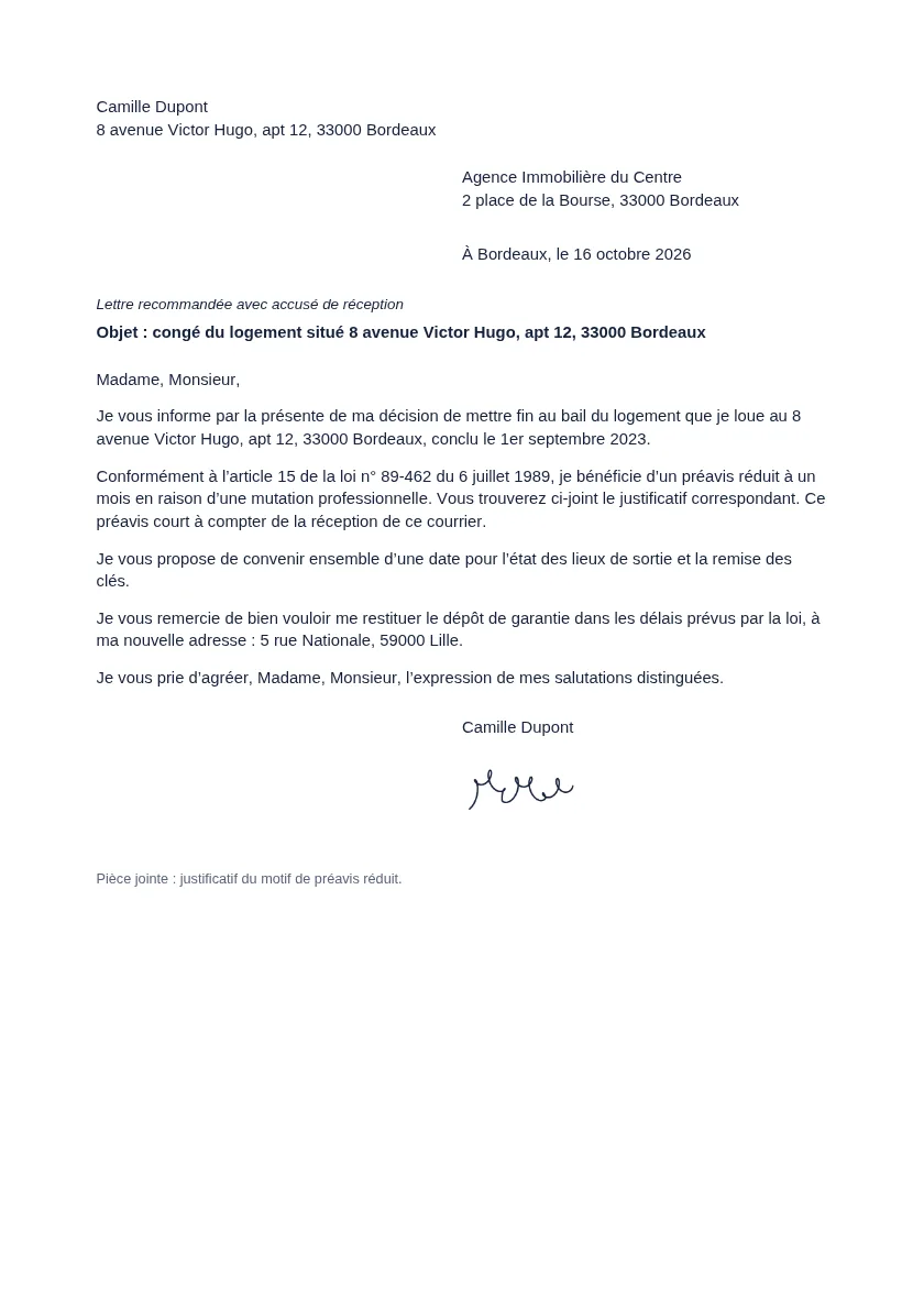 Exemple de document « Lettre de préavis de départ du logement » généré avec DocPratique, avec des données fictives