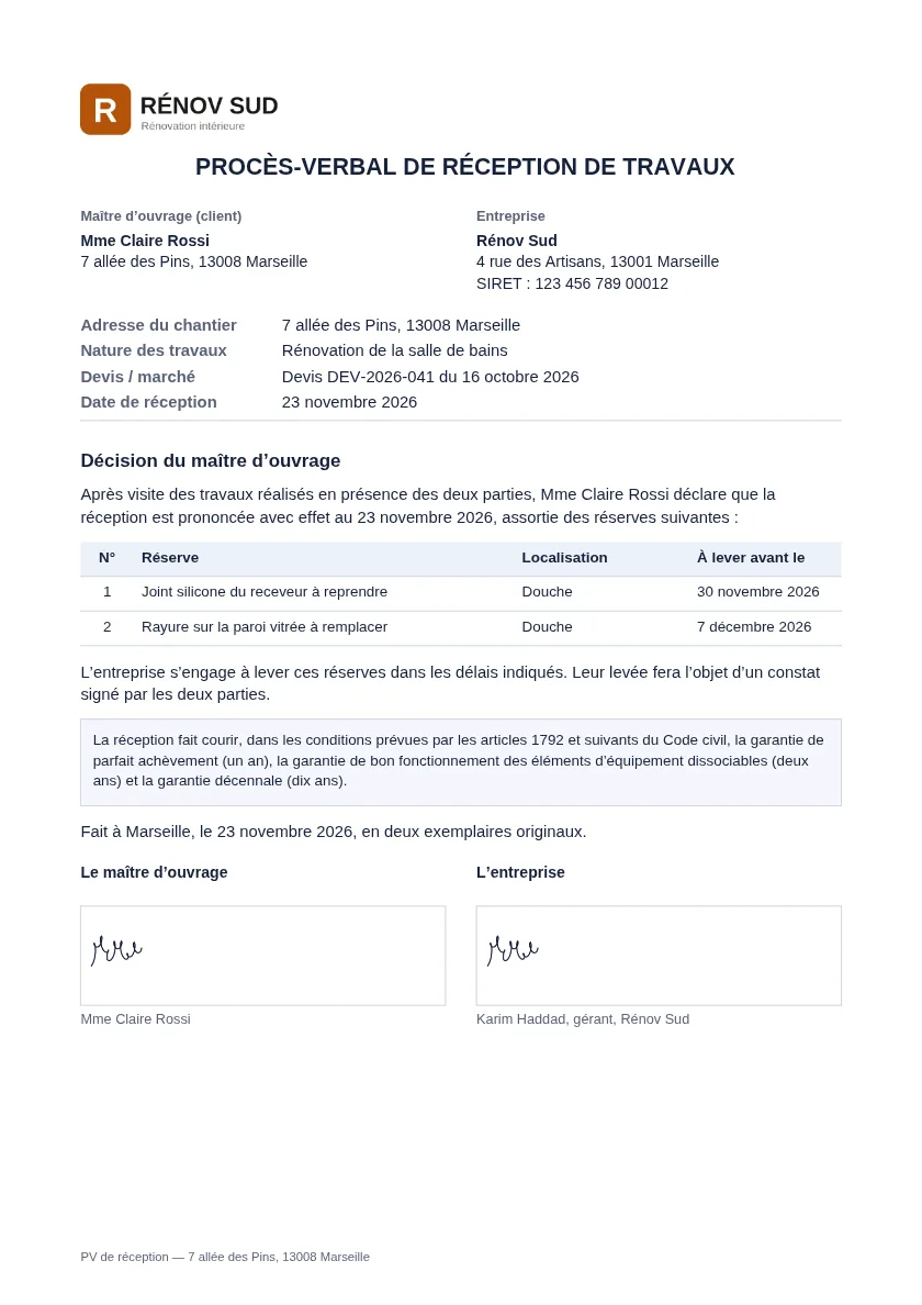 Exemple de document « PV de réception de travaux » généré avec DocPratique, avec des données fictives