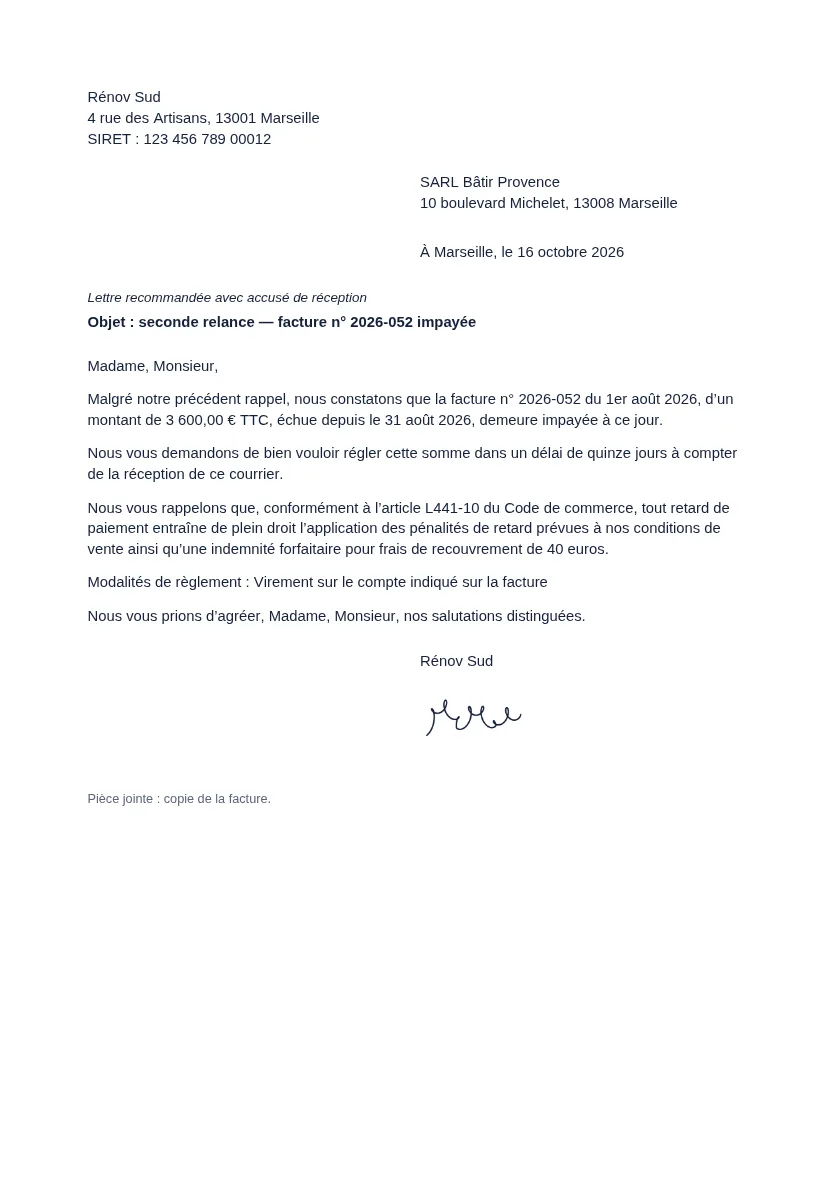 Exemple de document « Lettre de relance de facture impayée » généré avec DocPratique, avec des données fictives